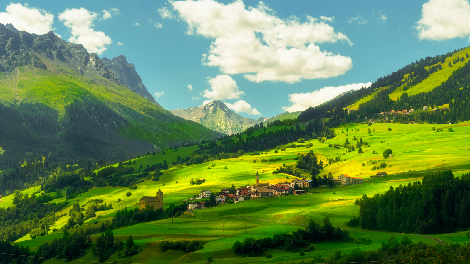 Mountain range and remote village in Switzerland