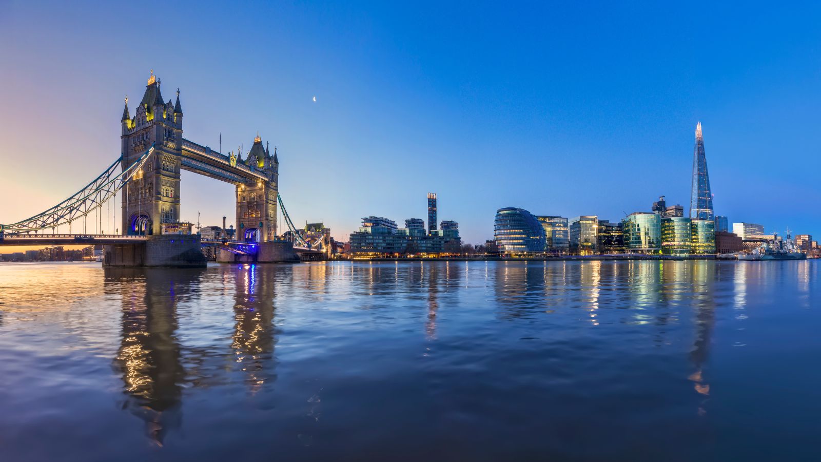 Skyline of London showing the Tower Bridge near Katharine’s Docks.