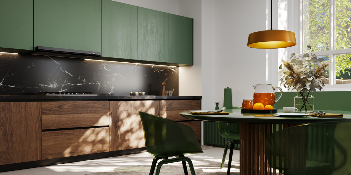 Dark green kitchen with wood finish