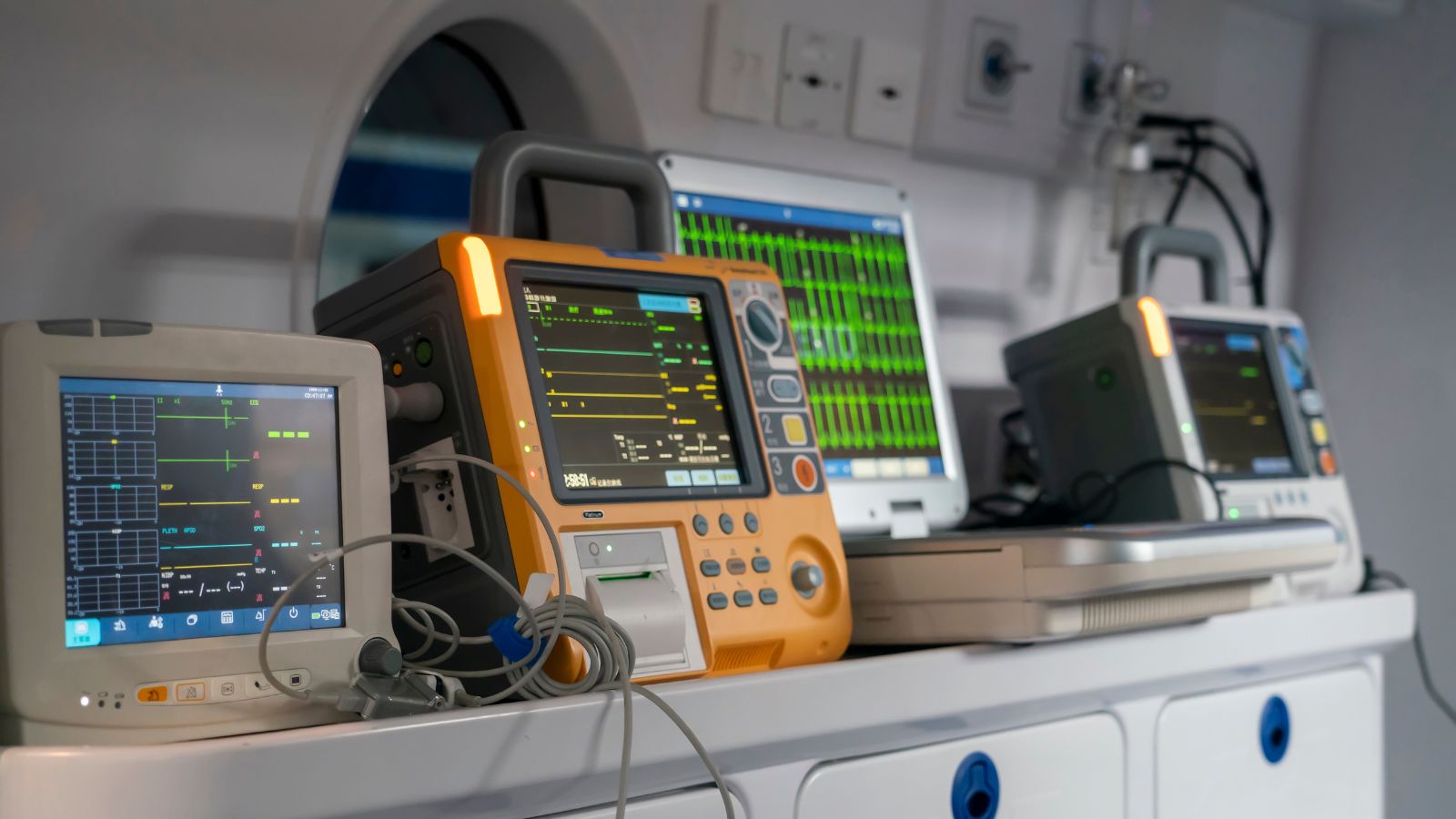 Medical devices inside an ambulance.