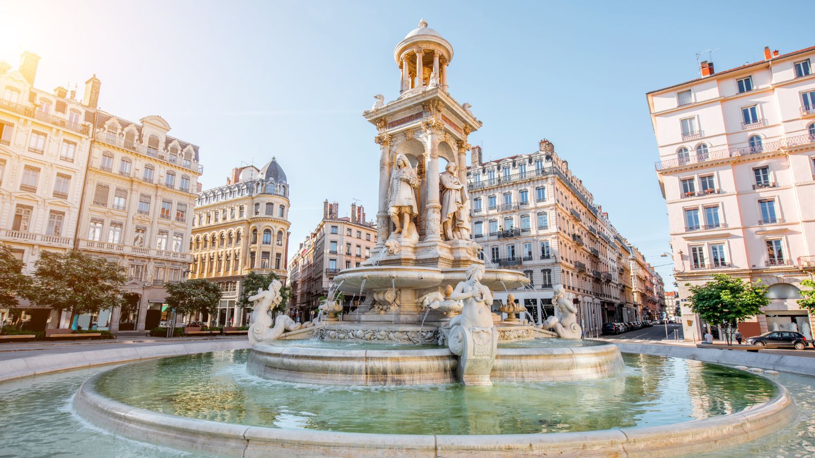 Morning view of Jacobins Square and fountain in Lyon, France.