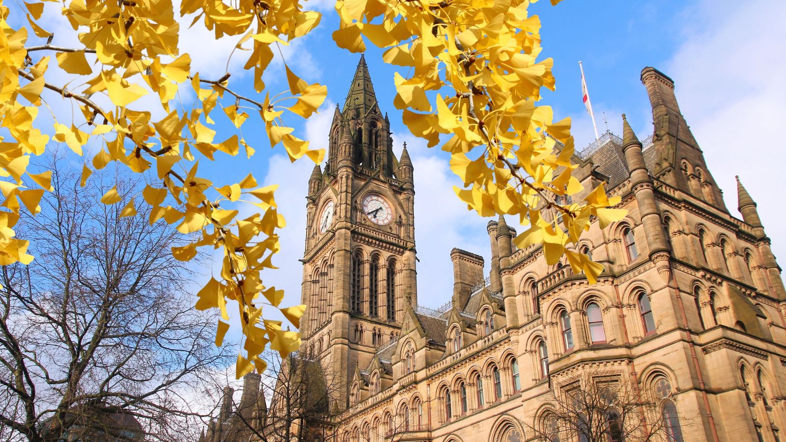 Manchester City Hall with autumn leaves in the foreground.